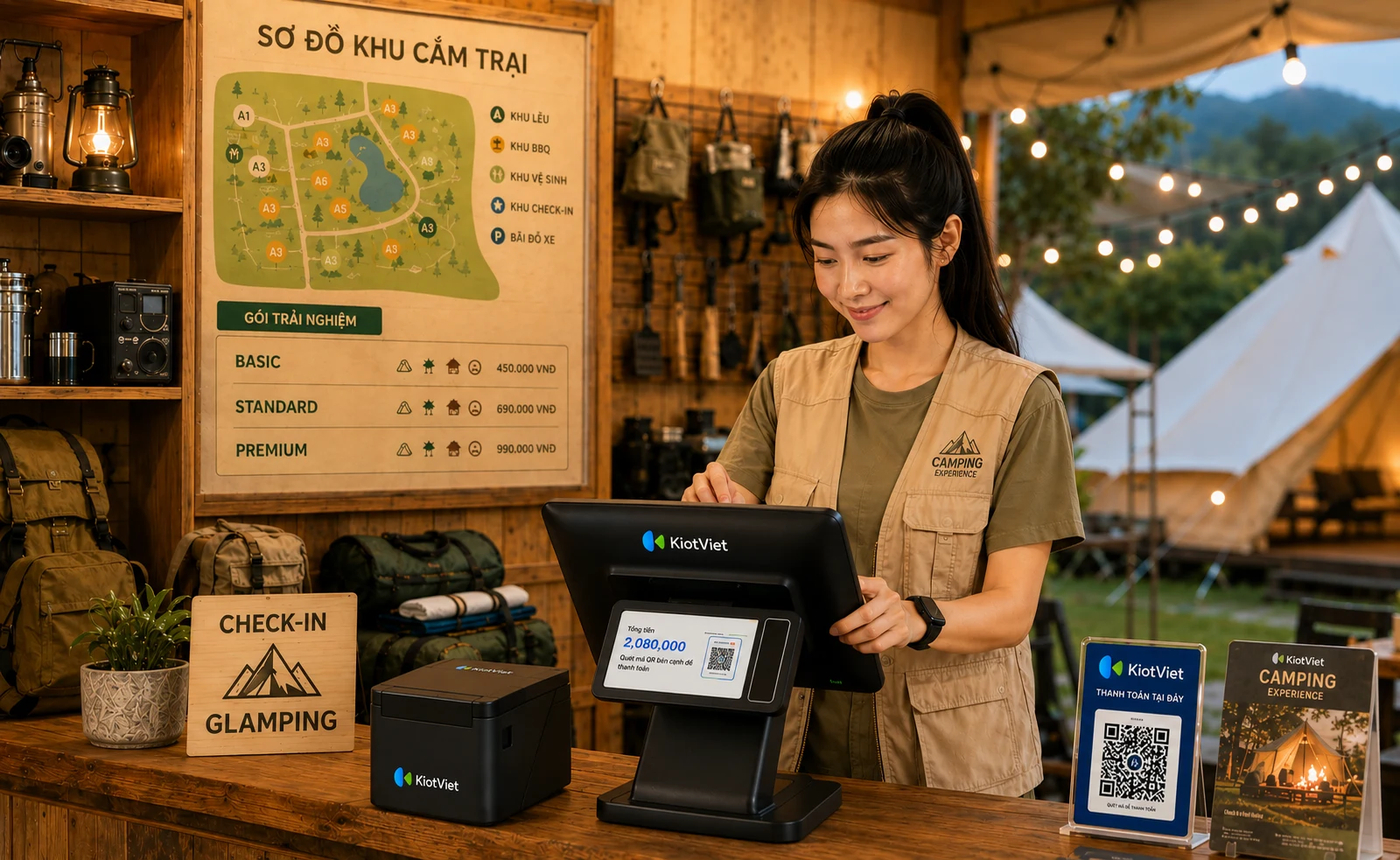 Khu glamping ven hồ lúc hoàng hôn