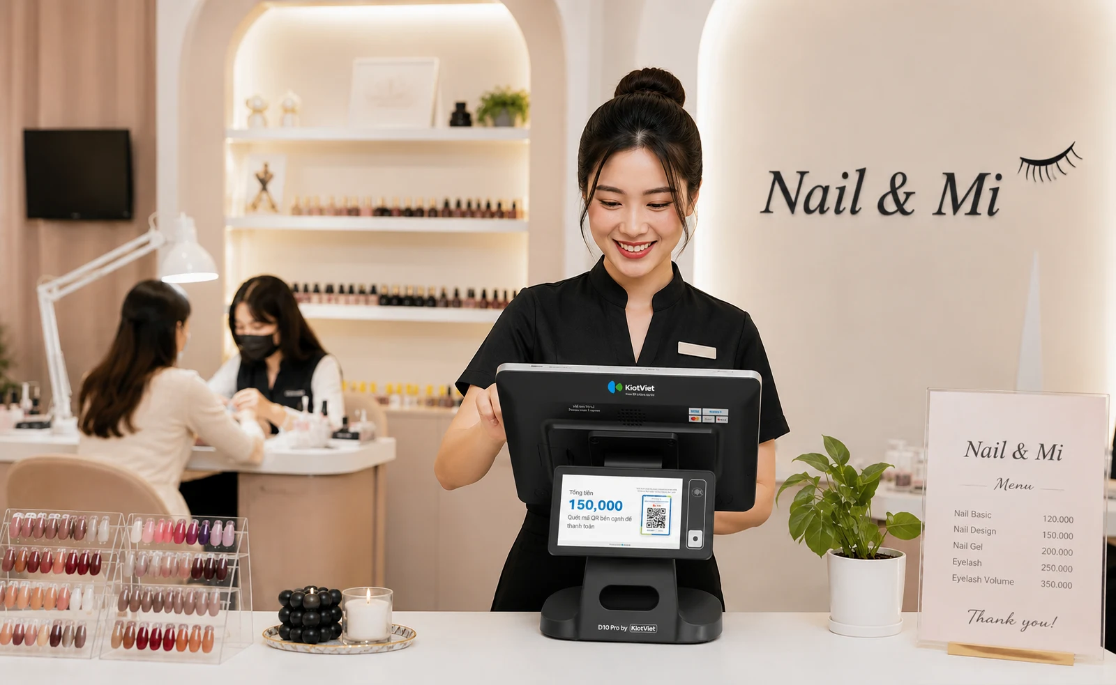 Chủ tiệm nail & mi dùng KiotViet quản lý lịch hẹn và hóa đơn